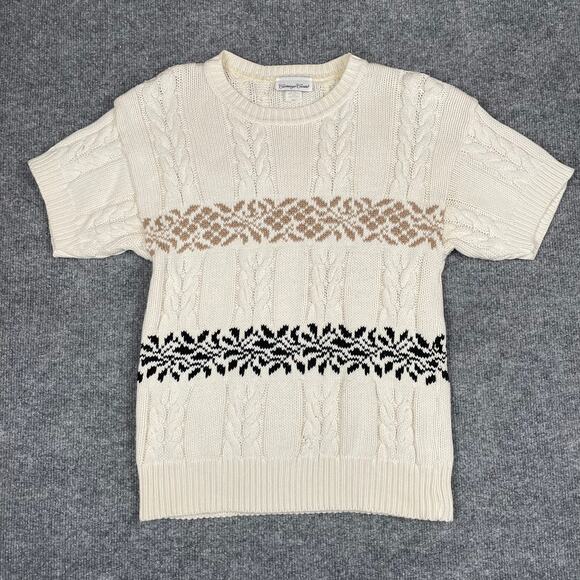 80s Vintage Cable Knit Ski Sweater Short Sleeve Floral Retro - Size S - Picture 1 of 7